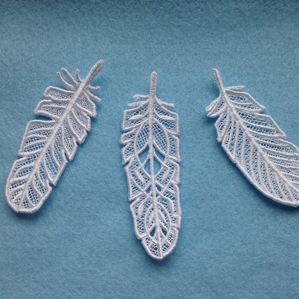 Lace Embroidered Feathers - Set of 3 - Crafter supply - Greeting card filler - Loot bag filler - Christmas gift - Mothers day gift