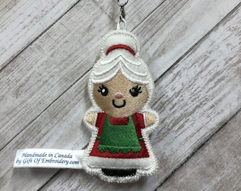 Mrs. Claus Keychain - Christmas Ornament - Embroidered Felt Key Ring - Stocking Stuffers - Xmas decor - Christmas gift