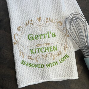 Kitchen Seasoned with Love personalized embroidered monogrammed dish towel gift of embroidery