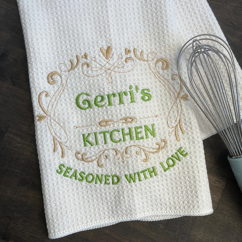 Kitchen Seasoned with Love personalized embroidered monogrammed dish towel gift of embroidery