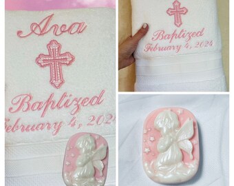 Towel & Soap Set for Christening - PINK Personalized Embroidery on Baptism Towel and Handmade Angel Soap - Baptism keepsake - Religious gift