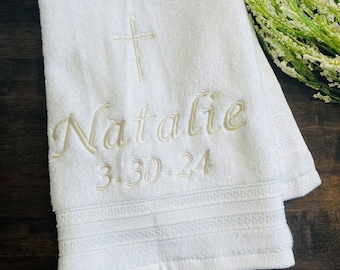 Personalized Baptism Towel - CREAM Embroidery on Christening Towel - Baptism keepsake - Personalized religious gift