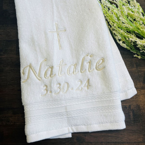 Personalized Baptism Towel - CREAM Embroidery on Christening Towel - Baptism keepsake - Personalized religious gift