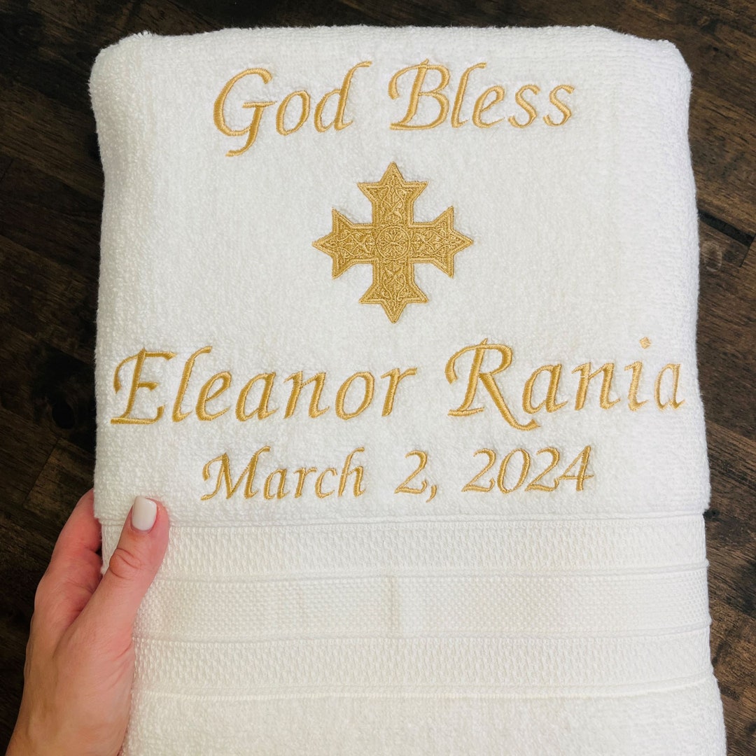 Baptism towel with silver embroidered cross & dove main image 0