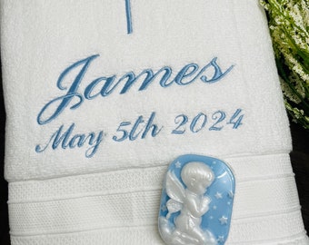 Towel & Soap Set for Christening - BLUE Personalized Embroidery on Baptism Towel and Handmade Angel Soap - Baptism keepsake - Religious gift