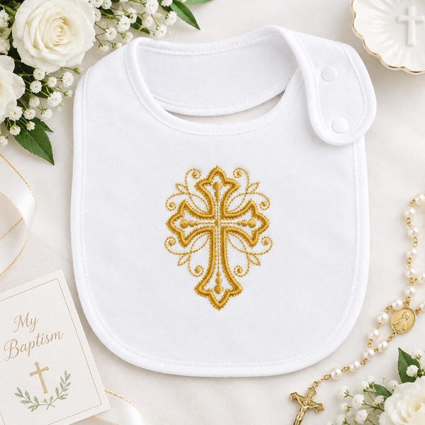 Personalized Baptism Bib: Embroidered Cross, Custom Christening Gift
