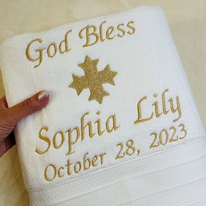 Baptism towel with silver embroidered cross & dove