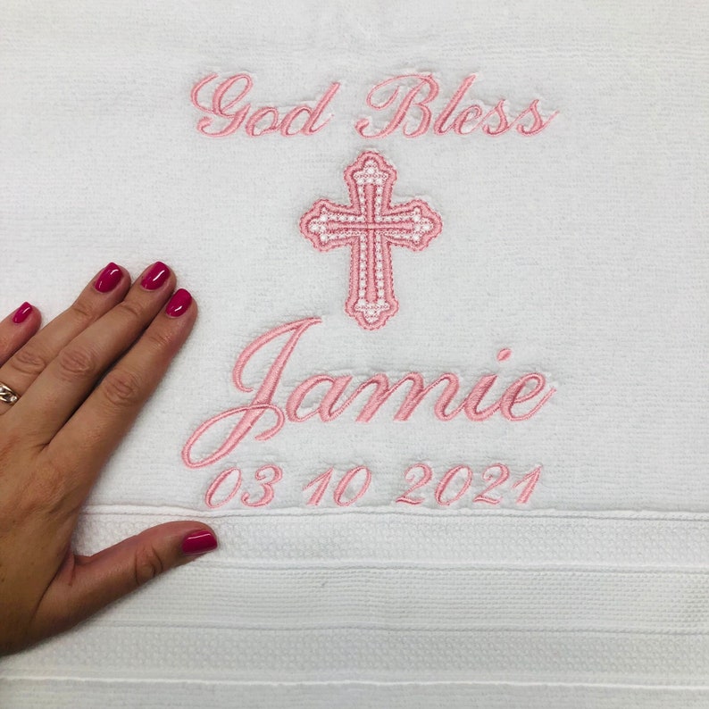 personalized baptism towel Christening religious keepsake gift of embroidery