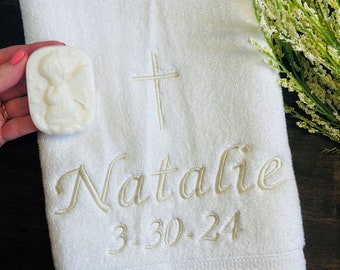 Towel & Soap Christening Set - CREAM Personalized Embroidery on Baptism Towel and Handmade Angel Soap - Baptism keepsake - Religious gift