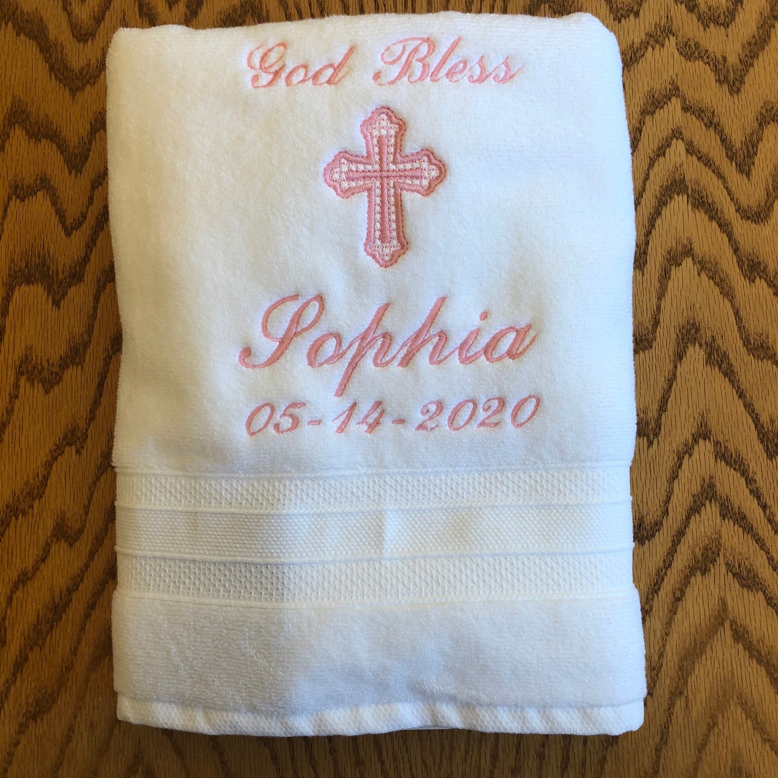 Personalized Baptism Towel Pink Embroidery God Bless Name Etsy