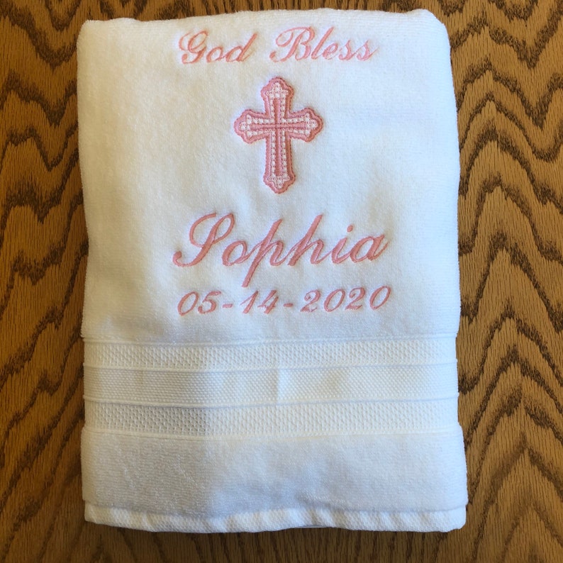 personalized baptism towel Christening religious keepsake gift of embroidery
