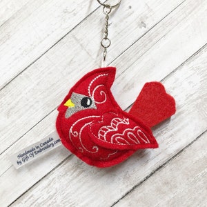 Cardinal Keychain Ornament - Red bird embroidered stuffed key ring - Cardinal felt key fob - Gift for bird lovers  - Mothers day gift