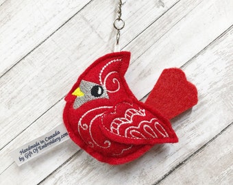 Embroidered Cardinal Keychain: Red Felt Bird Key Fob - Bird Lover Gift Bag Charm