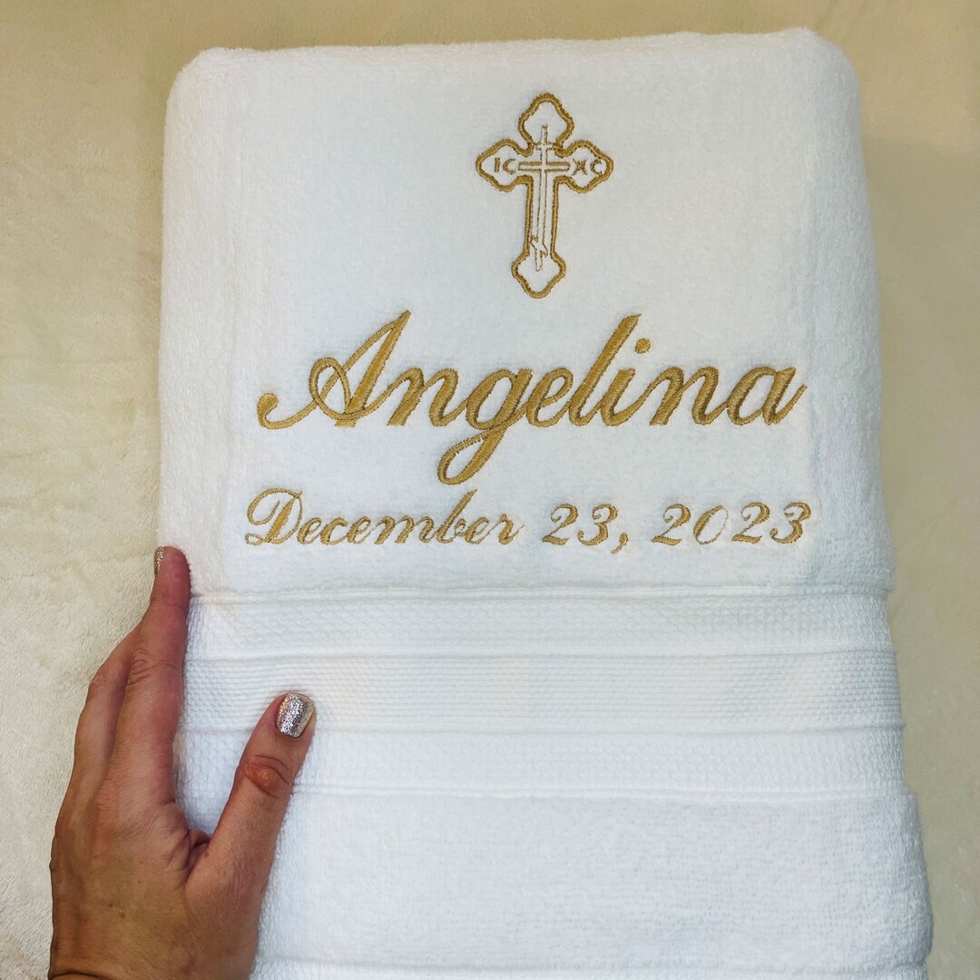 Baptism White Towel Personalized With Cross, Kids Baptismal Gift, Baby Christening Bath Size Towel, Custom Orthodox Baptism Religious Gift