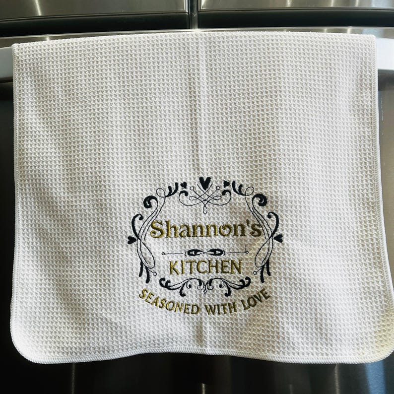 Kitchen Seasoned with Love personalized embroidered monogrammed dish towel gift of embroidery
