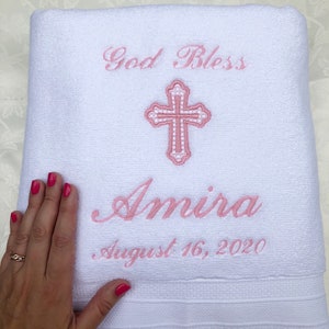 personalized baptism towel Christening religious keepsake gift of embroidery