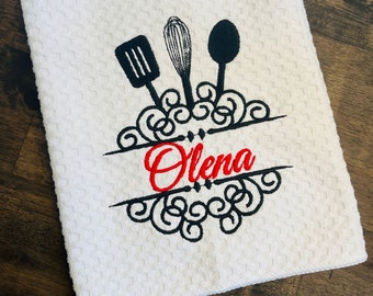 Personalized Kitchen Towel with Custom Embroidery - Monogrammed Microfiber Waffle Dish Towel - Gift for mom - Gift for cook - Mothers day