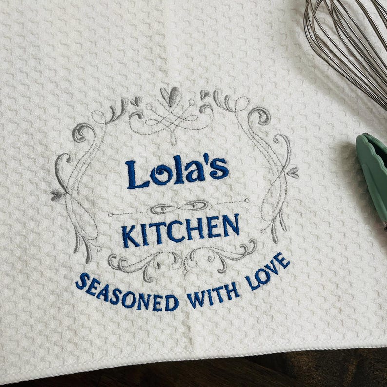 Kitchen Seasoned with Love personalized embroidered monogrammed dish towel gift of embroidery