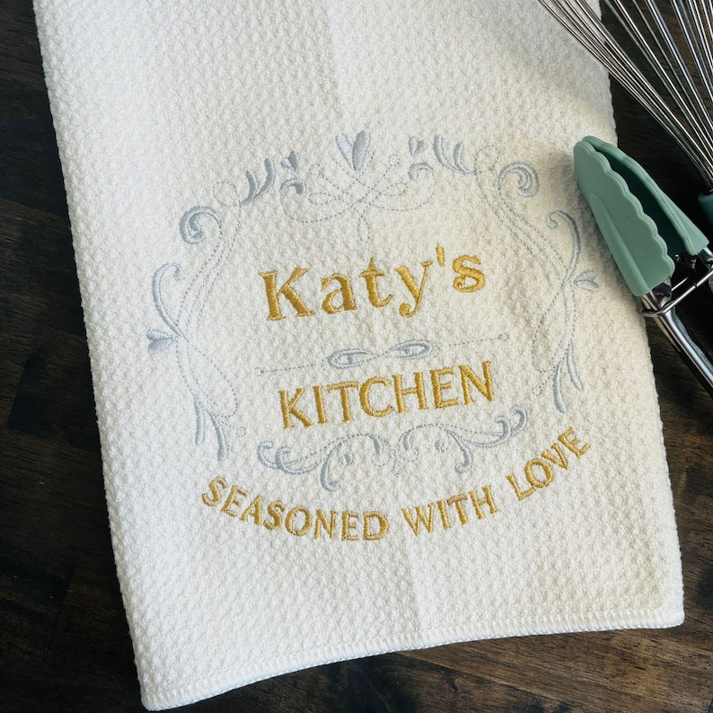 Kitchen Seasoned with Love personalized embroidered monogrammed dish towel gift of embroidery