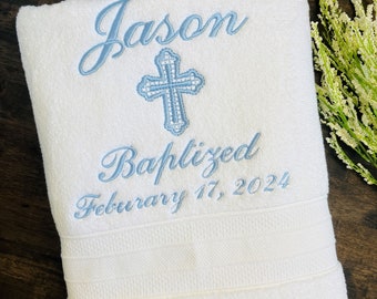 Personalized Baptism Towel - Baby Blue Embroidery God Bless name and date - Baptism keepsake - Christening towel - Religious gift