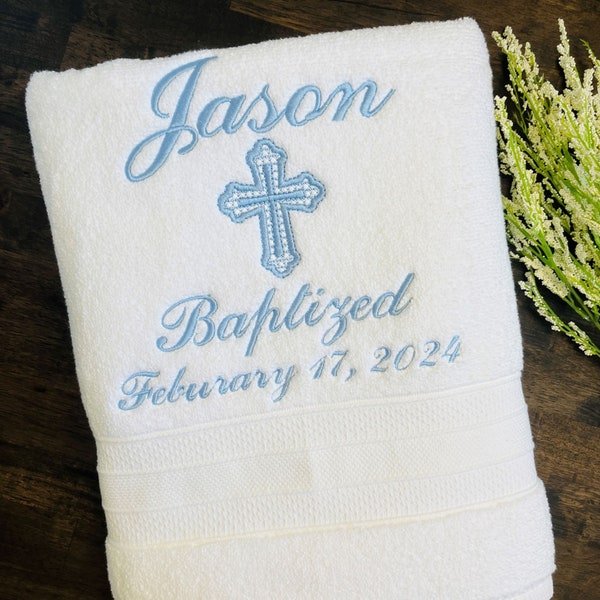 Personalized Baptism Towel - Baby Blue Embroidery God Bless name and date - Baptism keepsake - Christening towel - Religious gift