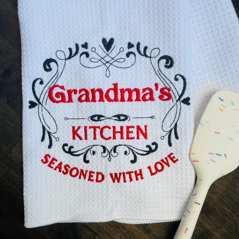 Kitchen Seasoned with Love personalized embroidered monogrammed dish towel gift of embroidery