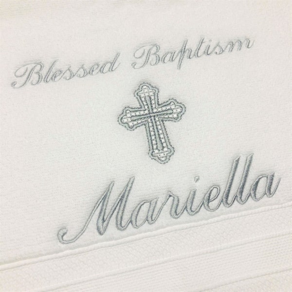 Personalized Baptism Towel - SILVER Embroidery God Bless name and date - Baptism keepsake - Christening towel - Religious gift