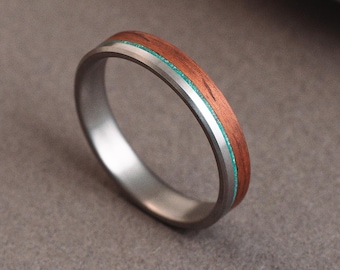 Nature inspired titanium wood ring - Unique forest wedding band, boho & rustic