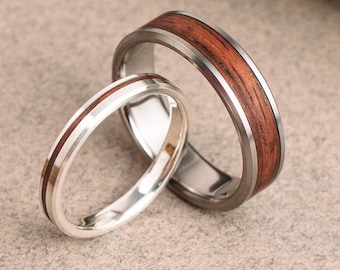 Matching Couple wood Rings - Titanium and silver Bands set Inspired by Nature, Rustic & Timeless.