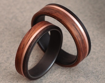Matching Rustic wedding wood rings - Handmade with wood, titanium and copper, ring set with forest and nature warm tone.