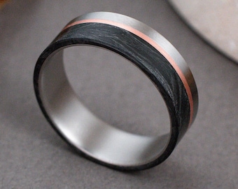 Tungsten Ring carbon fiber with copper accents – Black Titanium Men's Forest Inspired Handmade Band