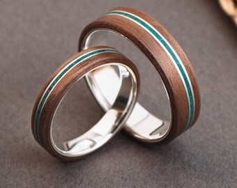 Matching Couple wood Rings - Wood Bands made with silver. Inspired by Nature, Rustic & Timeless.