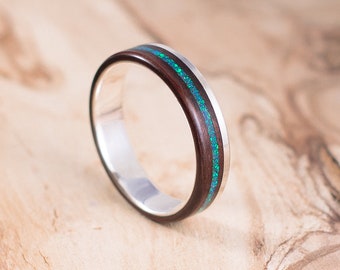 Silver and Rosewood ring with opal green ocean inlay. Engagement ring, wedding ring.