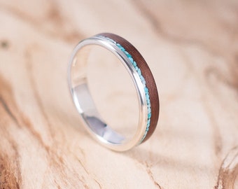 Silver and Rosewood ring with Turquoise inlay. Engagement ring, wedding ring. Boho wedding ring. Ring for men.