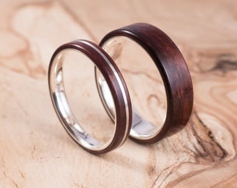 Couple silver and Rosewood wedding ring. Couple engagement ring, wedding ring set