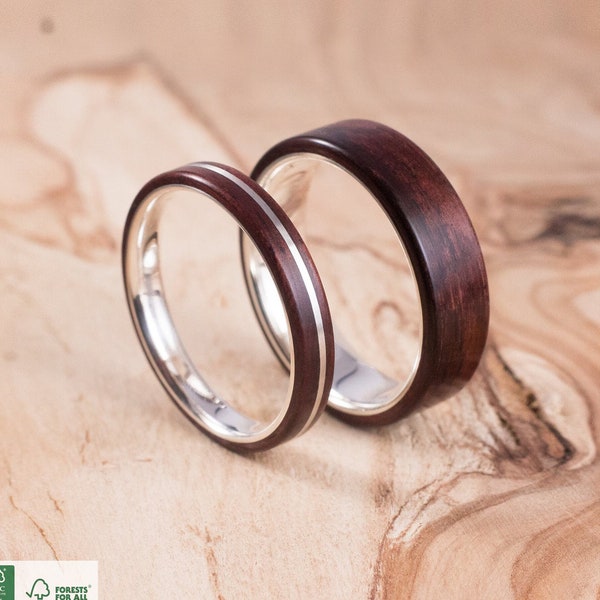 Couple silver and Rosewood wedding ring. Couple engagement ring, wedding ring set