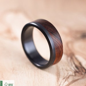 Fire-blackened titanium and Mopane wood ring. Engagement ring, wedding ring.