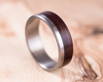 Brushed titanium and Rosewood ring. Engagement ring, wedding ring. Ring for men