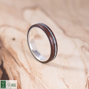 Silver and rosewood ring with turquoise inlay. Wedding ring, engagement ring.