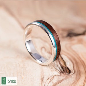 Silver and rosewood ring with chrysocolla inlay. Wedding ring, engagement ring.