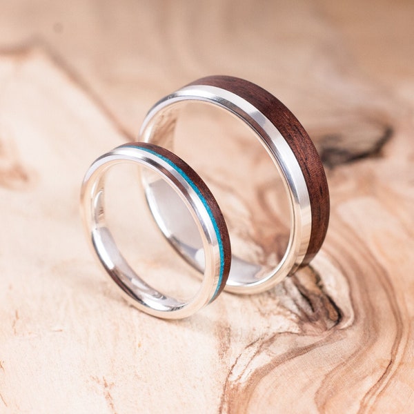 Couple silver and Rosewood rings with Chrisocolla inlay. Engagement ring, wedding ring.