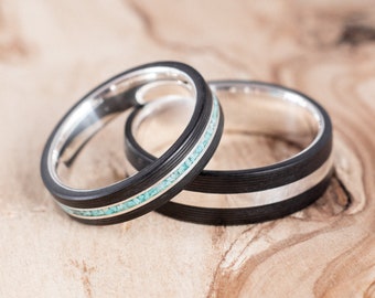 Couple silver and carbon fibre wedding ring. Couple engagement ring. Wedding ring set. Carbon fiber alliances.