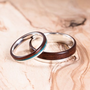 Couple silver and Rosewood rings with Chrisocolla inlay. Engagement ring, wedding ring. image 2