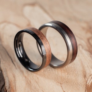 Pair of titanium ceramic and polished titanium wedding rings with Palo Santo and Walnut wood. Wedding ring, engagement ring.