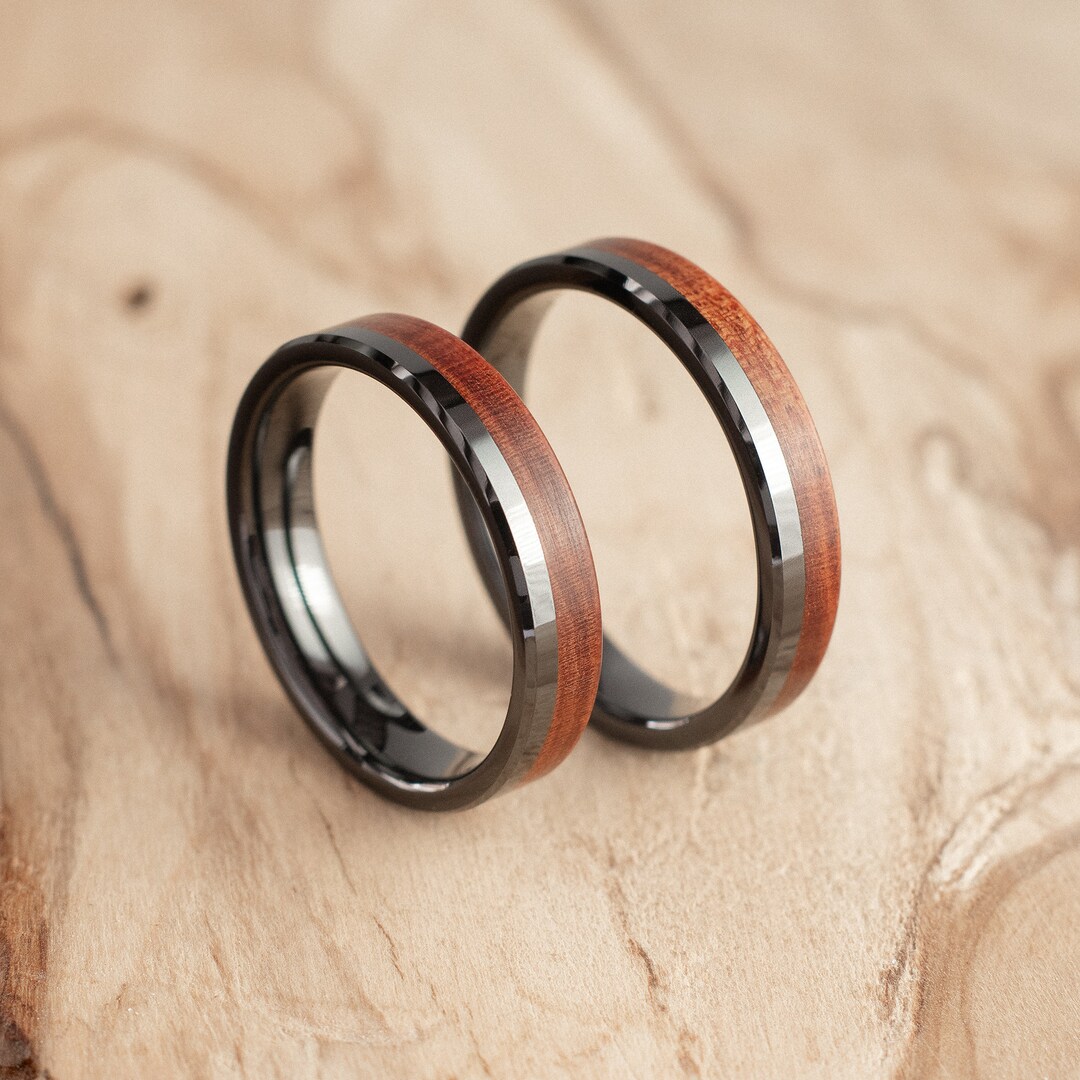 Pair of Ceramic Titanium and Mopane Wood Wedding Rings. - Etsy