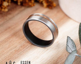 ESSEN Fire-blackened titanium and olive wood ring. Wedding ring, engagement ring.
