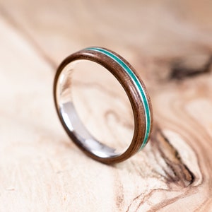 Silver and Walnut wood ring with malachite inlay. Engagement ring, wedding ring. Boho wedding ring. image 5