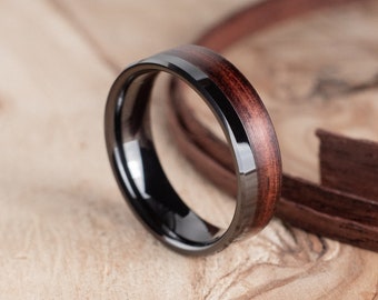 Fire-blackened titanium and Rosewood ring. Engagement ring, wedding ring.