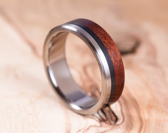 Titanium and carbon fibre Mopane wood ring. Engagement ring, wedding ring. Ring for men.