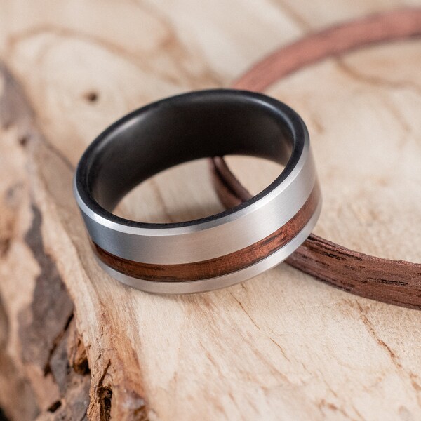 Fire-blackened titanium and Rosweood ring. Engagement ring, wedding ring.